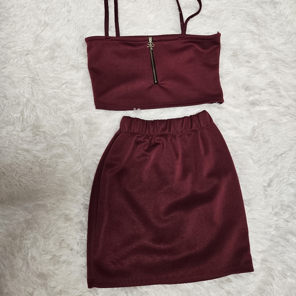 Maroon top and skirt set Black top and short set